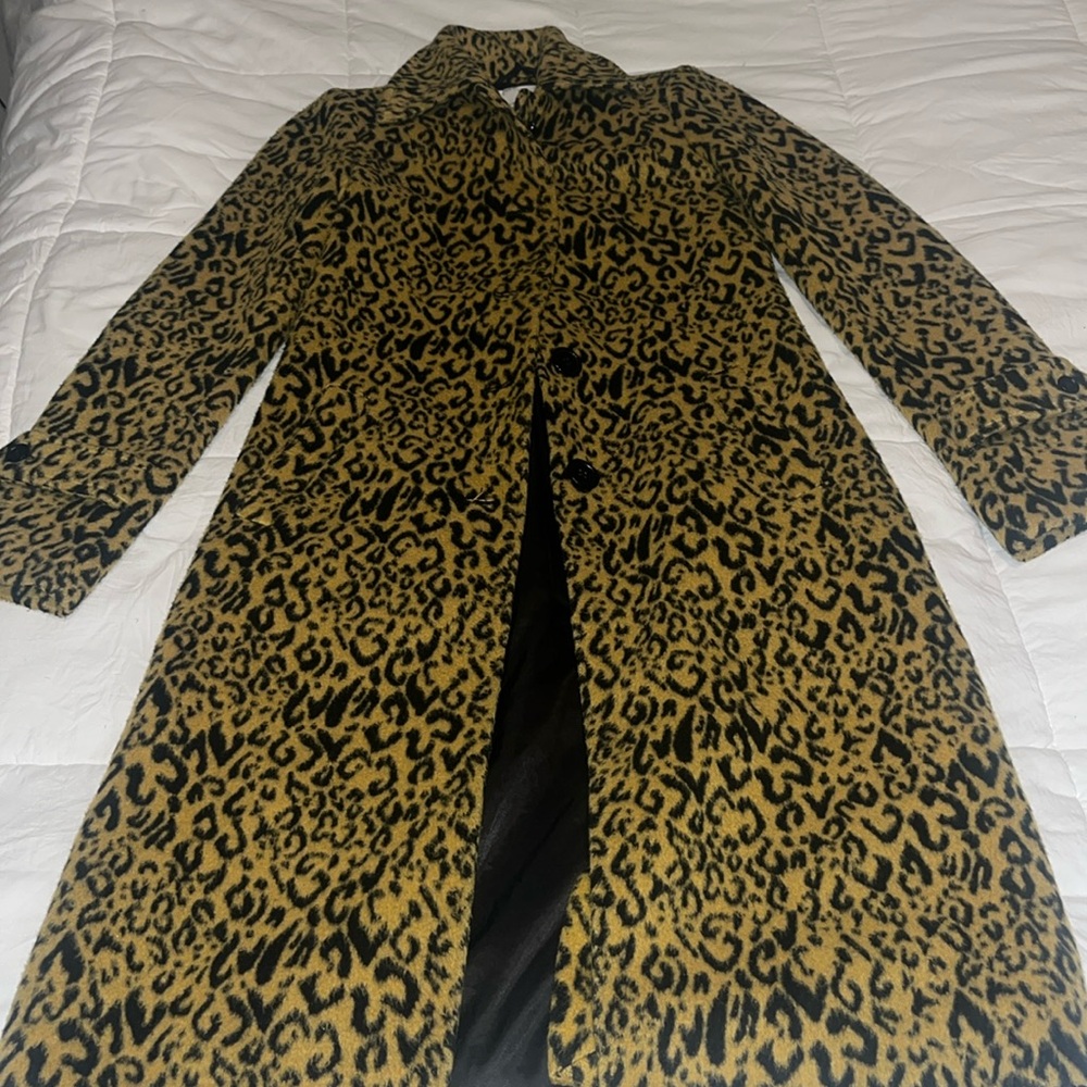 Avec Les Filles leopard/cheetah print long/midi length wool blend peacoat XS